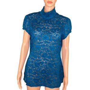 Express Sheer Lace Teal Blouse Short Sleeve Womens Size Large Stretchy High Neck